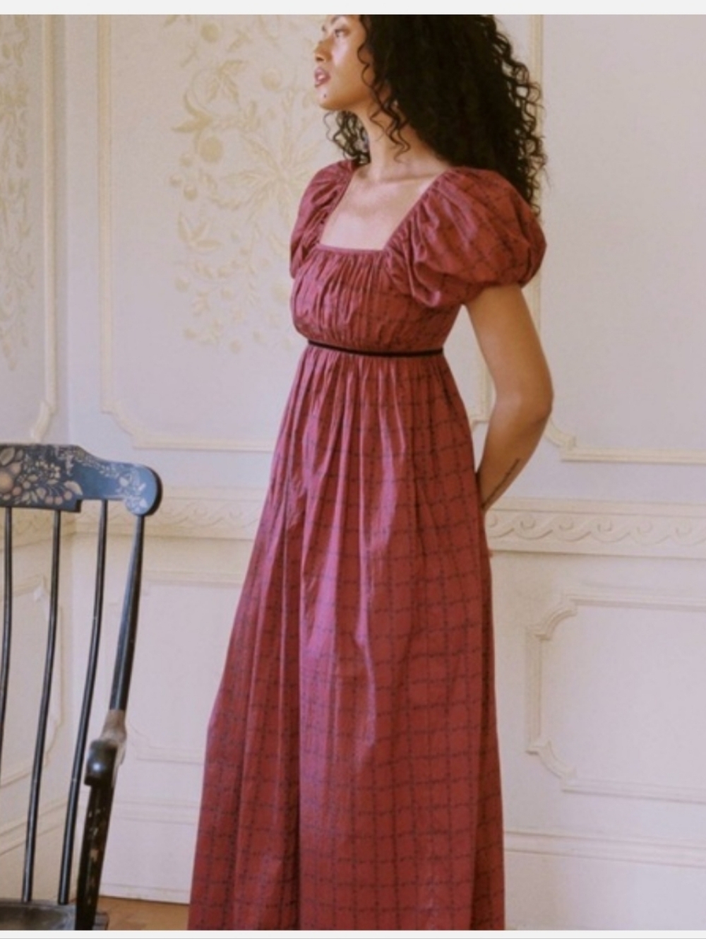 Christy Dawn Brick Red Puff-Sleeve Square-Neck Maxi Dress